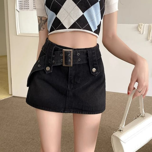 High Waist Belted Mini A-Line Denim Skort