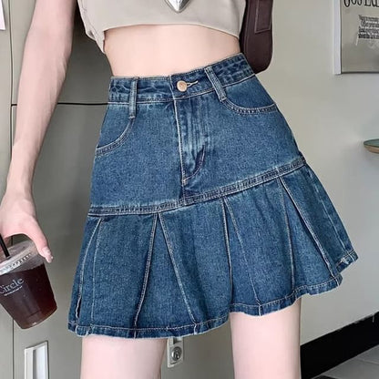 High Rise Washed Pleated Mini A-Line Denim Skirt