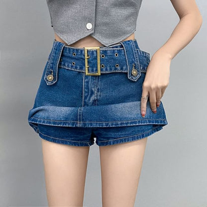 High Waist Belted Mini A-Line Denim Skort