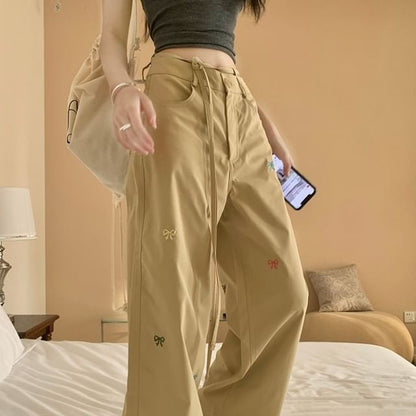 Mid Waist Bow Embroidered Tie-Up Wide Leg Pants