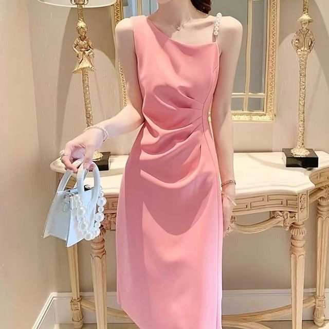 Sleeveless Faux Pearl Strap Plain Ruched Slit Midi A-Line Dress
