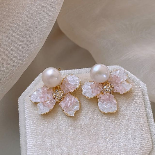 Boucles d'oreilles pendantes en alliage avec fausses perles et cristaux imitation fleurs