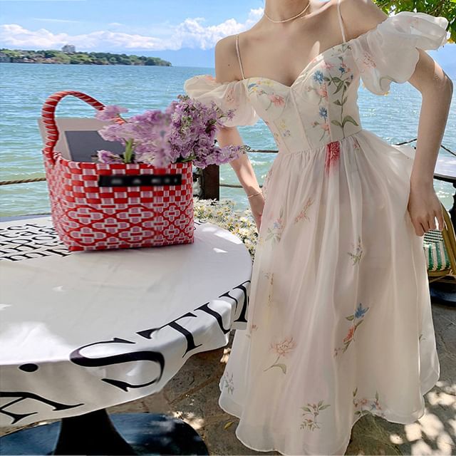 Puff-Sleeve Cold-Shoulder Floral Midi A-Line Dress
