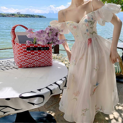 Puff-Sleeve Cold-Shoulder Floral Midi A-Line Dress