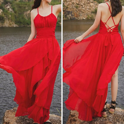 Spaghetti Strap Plain Open Back Lace-Up Maxi Sundress