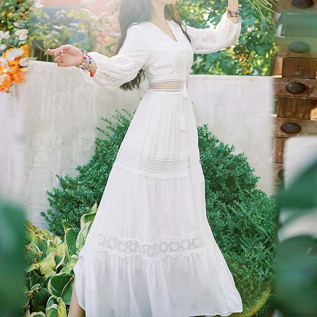 Puff-Sleeve V-Neck Plain Lace Trim Maxi A-Line Dress