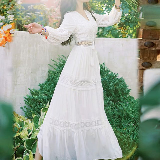 Puff-Sleeve V-Neck Plain Lace Trim Maxi A-Line Dress