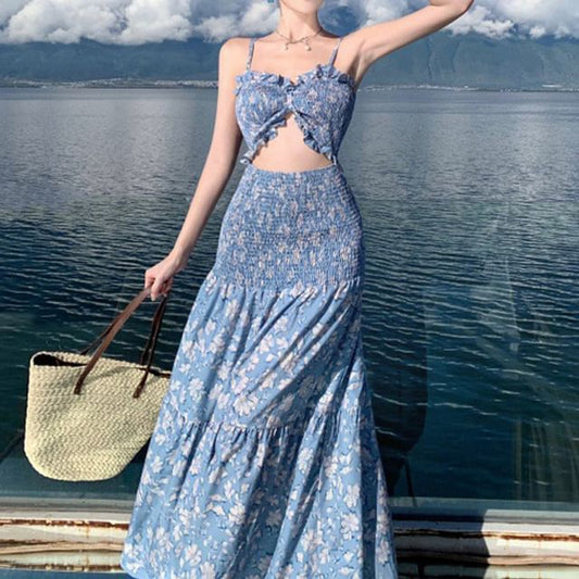 Spaghetti Strap Floral Cutout Maxi Sundress