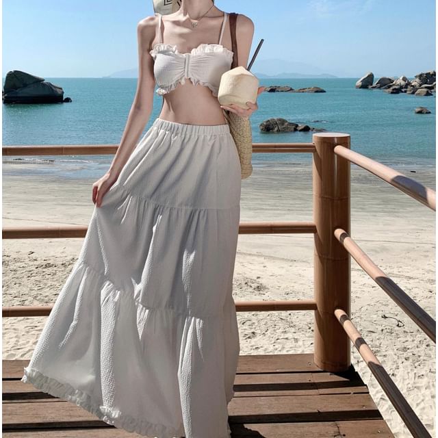 Set: Plain Ruffle Cropped Cami Top + High Waist Maxi A-Line Skirt