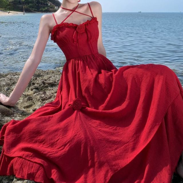 Spaghetti Strap Plain Ruffle Flower Detail Maxi Sundress