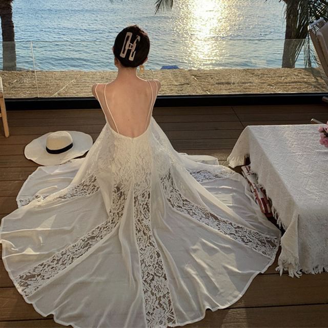 Spaghetti Strap Plain Lace Panel Open Back Maxi Sundress