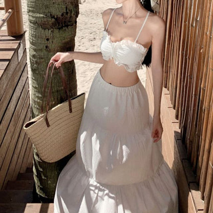 Set: Plain Ruffle Cropped Cami Top + High Waist Maxi A-Line Skirt