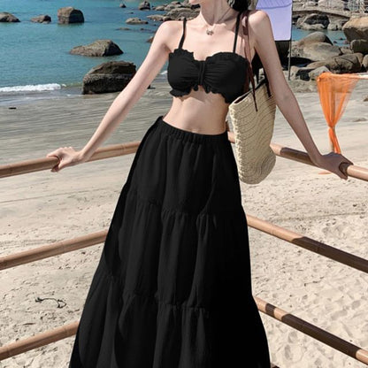 Set: Plain Ruffle Cropped Cami Top + High Waist Maxi A-Line Skirt