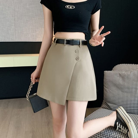 High Waist Plain Asymmetrical Buttoned Mini A-Line Skirt