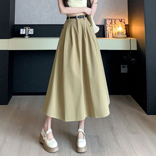 High Waist Plain Pleated Midi A-Line Denim Skirt