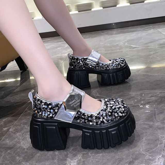 Platform Sequined Mary Jane Shoes