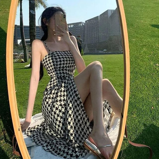 Spaghetti Dress Slit Strap A-Line Maxi Houndstooth