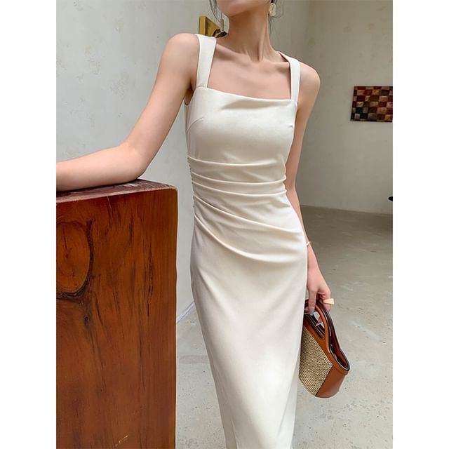 Sheath Dress Neck Sleeveless Ruched Midi Plain Square