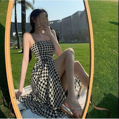 Spaghetti Dress Slit Strap A-Line Maxi Houndstooth