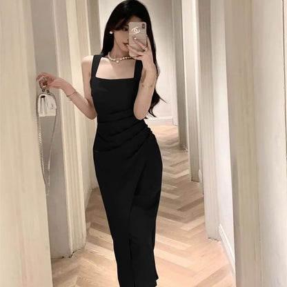 Sheath Dress Neck Sleeveless Ruched Midi Plain Square