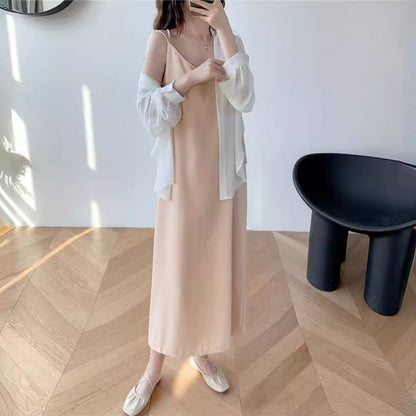 Thin Strap V-Neck Simple Backless Slit Midi Shift Dress