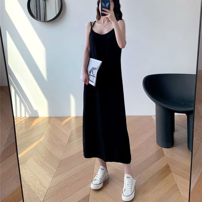 Thin Strap V-Neck Simple Backless Slit Midi Shift Dress