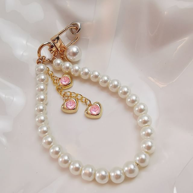 Heart Faux Pearl Phone Strap with Lanyard Pad