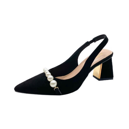 Block Heel Beaded Pointed Slingback Sandals