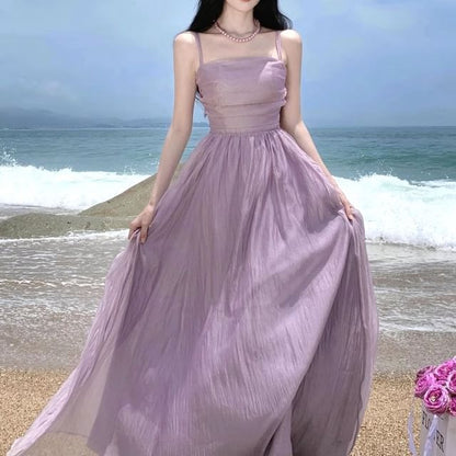 Thin Strap Simple Ruched Mesh Maxi A-Line Dress