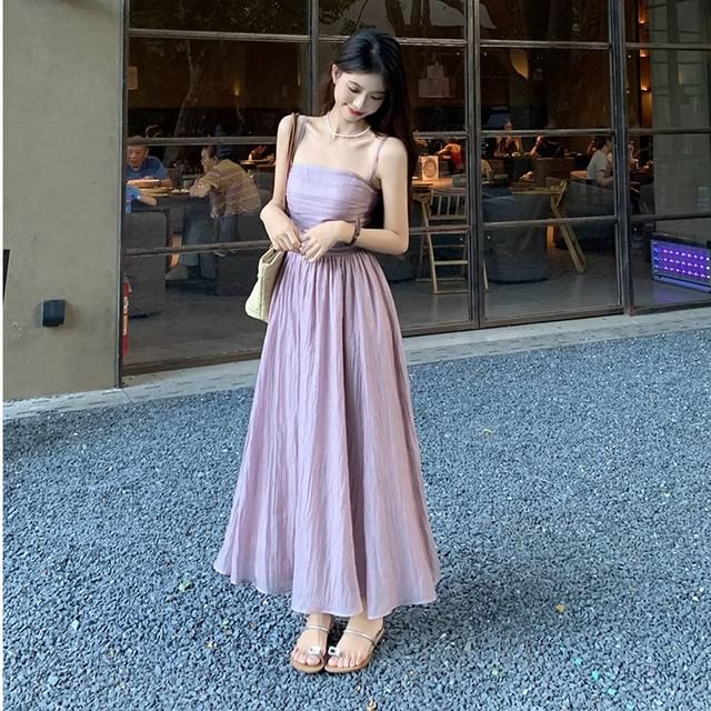 Thin Strap Simple Ruched Mesh Maxi A-Line Dress