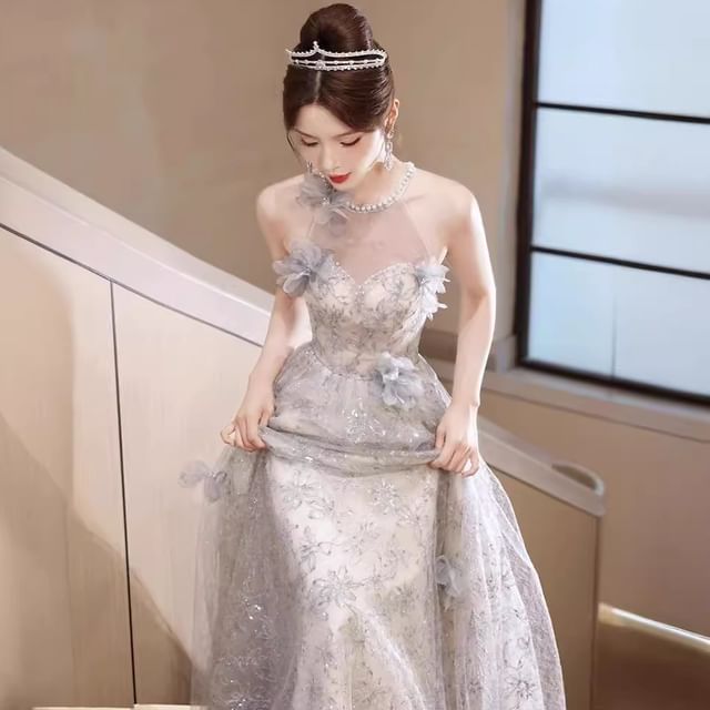 Sleeveless Round Neck Floral Patterned Faux Pearl Mesh A-Line Evening Gown