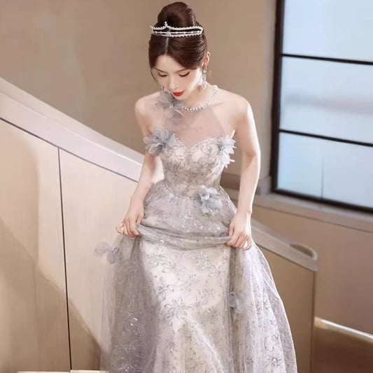 Sleeveless Round Neck Floral Patterned Faux Pearl Mesh A-Line Evening Gown