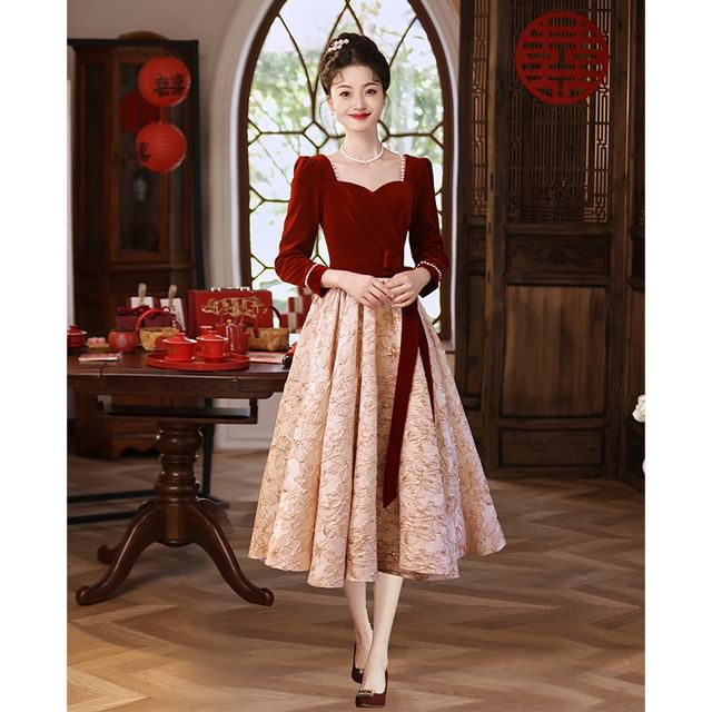 Neck Dress Panel / Evening A-Line Jacquard Velvet Gown Long-Sleeve Square Cocktail