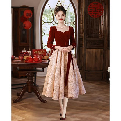 Neck Dress Panel / Evening A-Line Jacquard Velvet Gown Long-Sleeve Square Cocktail