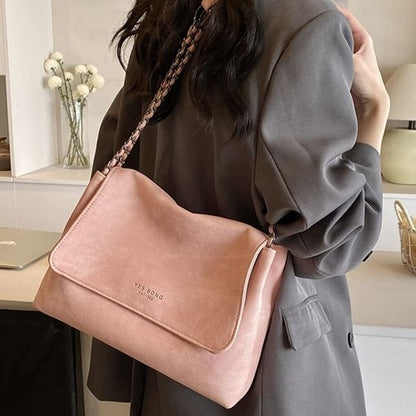 Lettering Chain Strap Flap Faux Leather Tote Bag