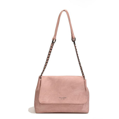 Lettering Chain Strap Flap Faux Leather Tote Bag