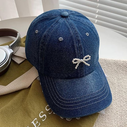 Faux Pearl Beaded Bow Ruffle Denim Baseball Cap