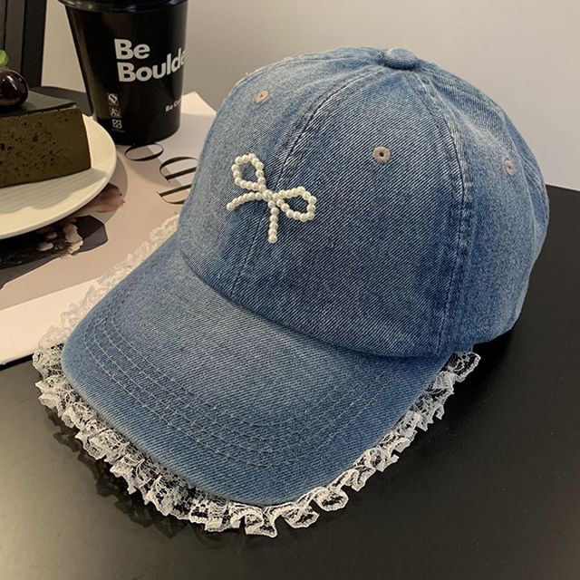 Faux Pearl Beaded Bow Ruffle Denim Baseball Cap