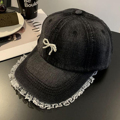 Faux Pearl Beaded Bow Ruffle Denim Baseball Cap