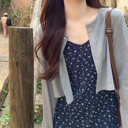 Spaghetti Strap Floral Mini A-Line Dress / Melange Crop Cardigan