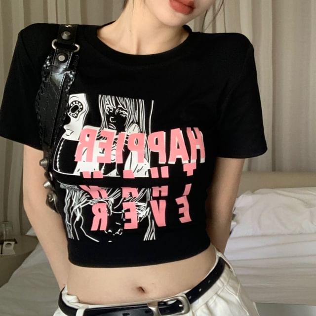 Short-Sleeve Round Neck Cartoon Print Crop Slim Fit T-Shirt