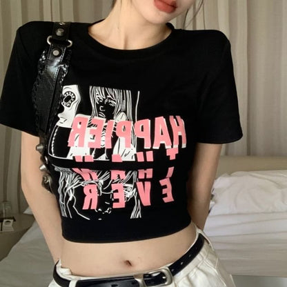 Short-Sleeve Round Neck Cartoon Print Crop Slim Fit T-Shirt