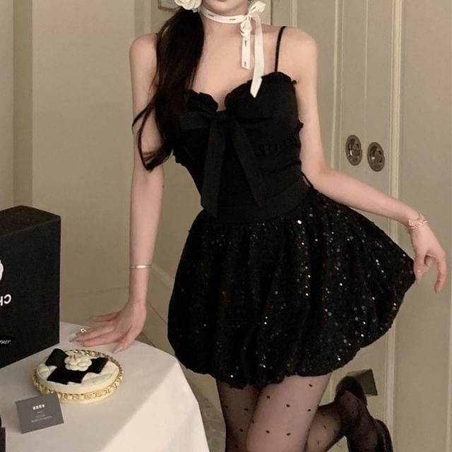Thin Strap Simple Bow Sequin Mini A-Line Dress