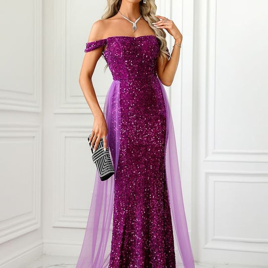Sequined Mesh Off-Shoulder Evening Mermaid Gown Panel