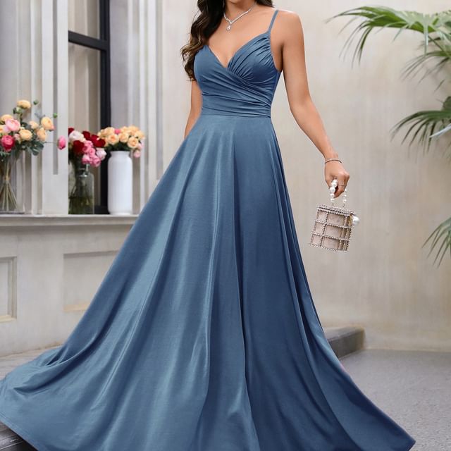 Wrap Strap Evening Shirred A-Line Gown Spaghetti