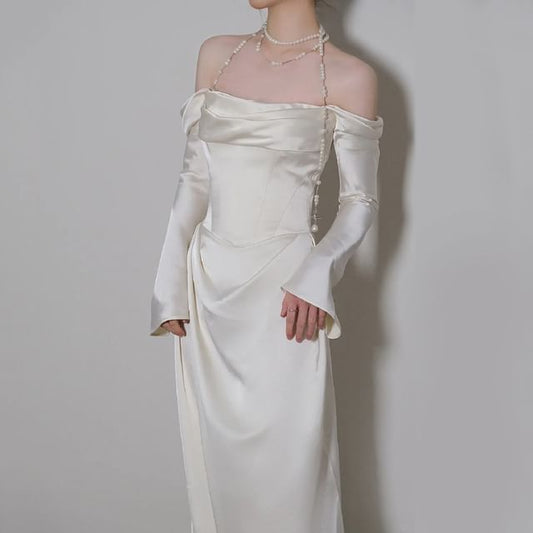 Shoulder Gown Plain Satin Off Wedding A-Line Ruched
