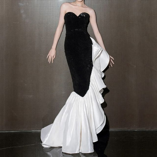 Panel Tone Mermaid Two Gown Tube Evening Ruffle