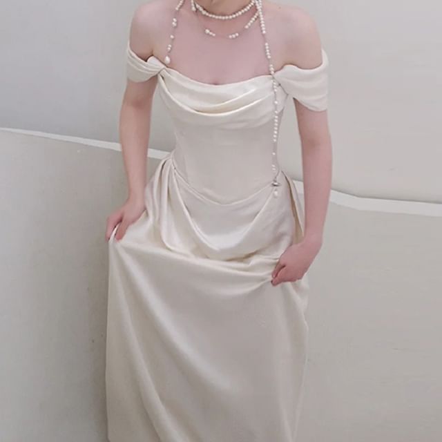 Shoulder Gown Plain Satin Off Wedding A-Line Ruched