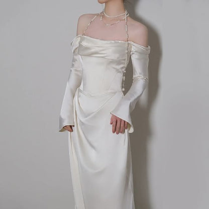 Off Shoulder Plain Ruched Satin A-Line Wedding Gown