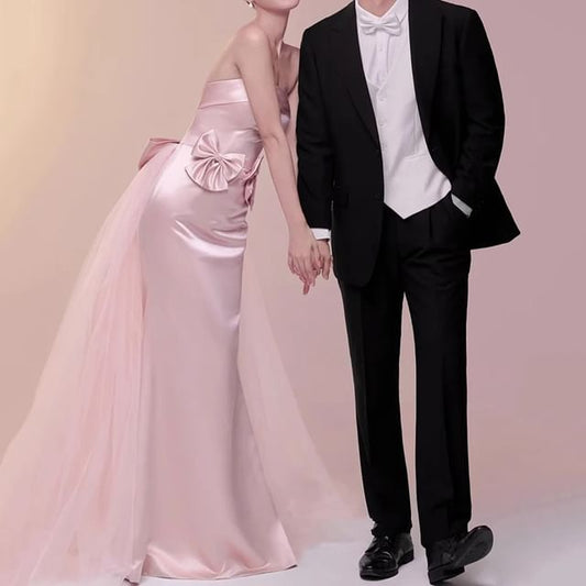 Mesh Evening Gown Bow Tube Panel Trumpet Plain